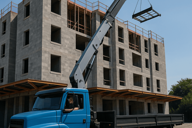 Caminhão Munck com guindaste hidráulico realizando transporte de equipamentos industriais
