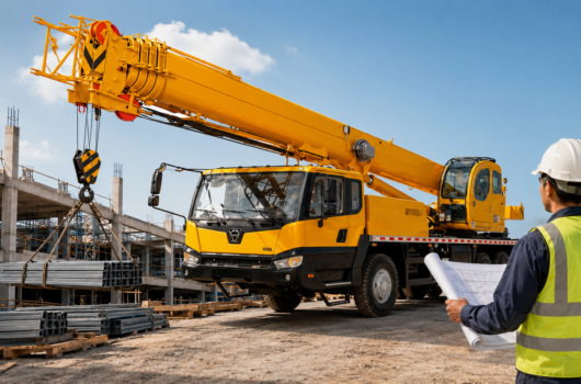 Guindaste amarelo em operação em canteiro de obras durante serviço de locação de guindaste