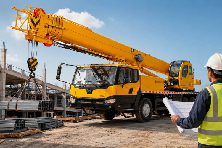 Guindaste amarelo em operação em canteiro de obras durante serviço de locação de guindaste
