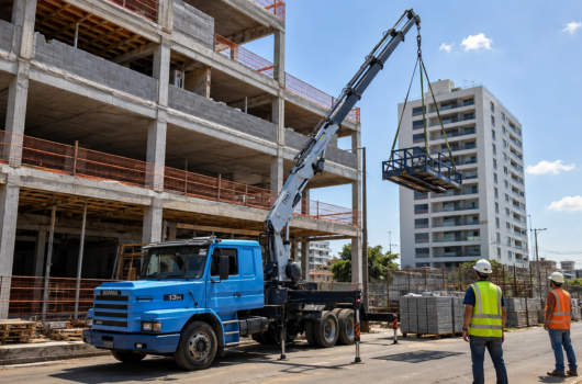 Caminhão munck azul içando plataforma metálica em obra urbana
