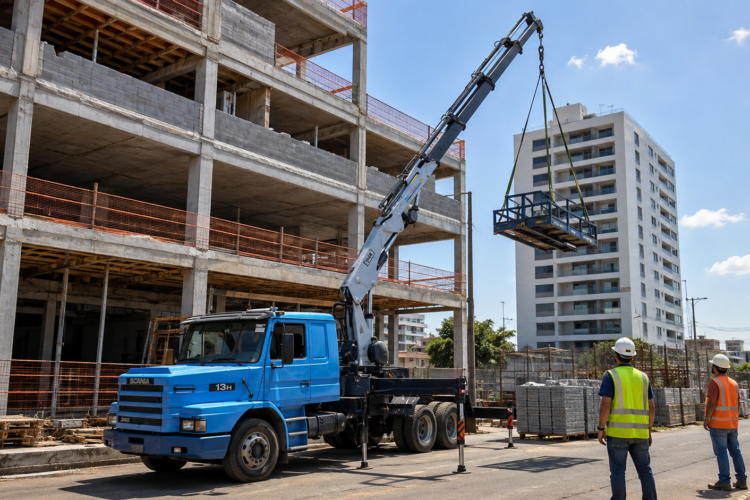 Caminhão munck azul içando plataforma metálica em obra urbana